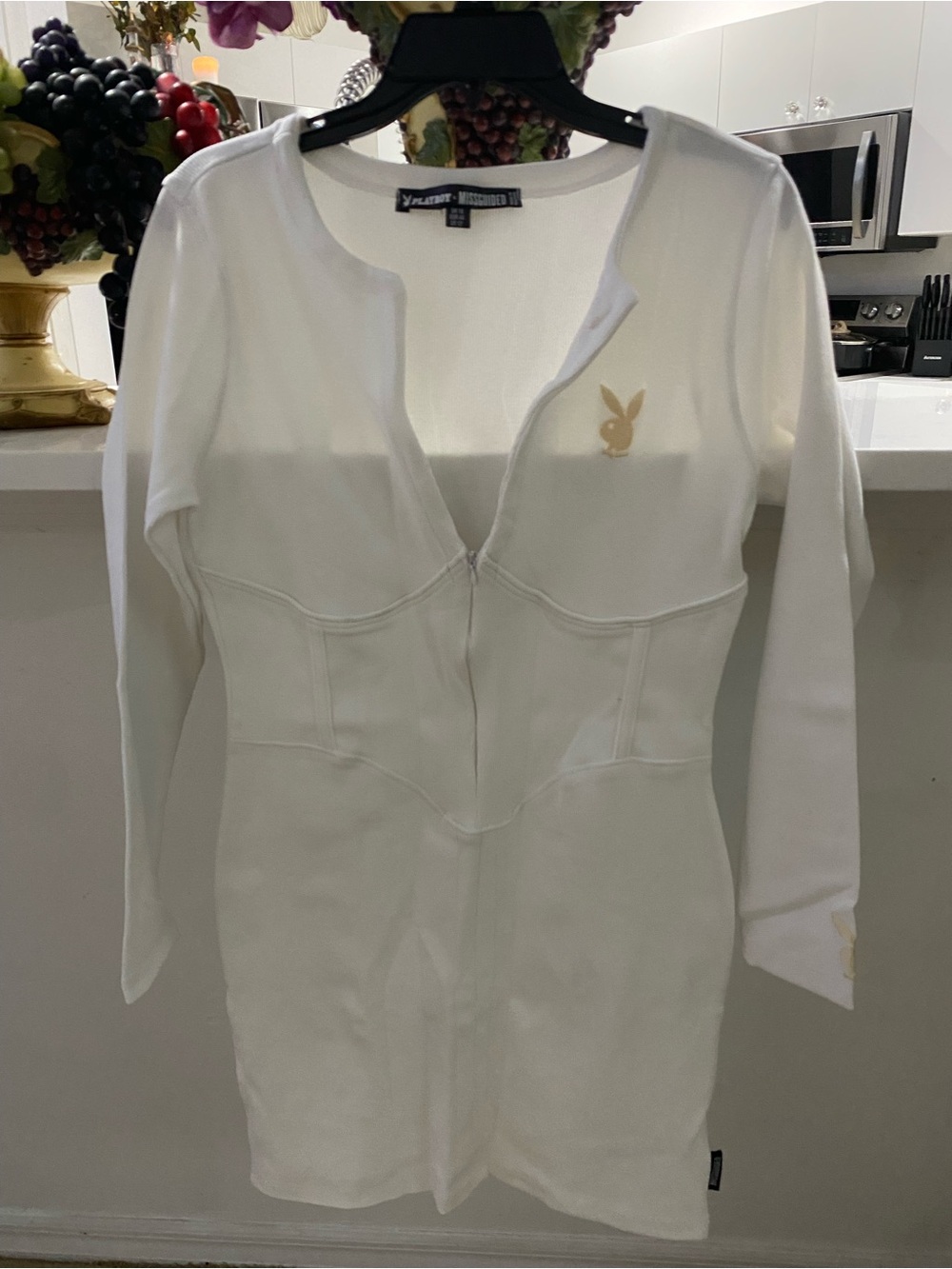 PLAYBOY White Mini Dress with Zip and Gold Bunny Logo